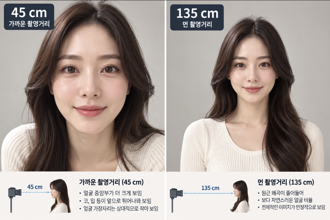 45cm와 135cm로 표시된 정면 얼굴 비교와 아래쪽 카메라·인물 거리 도식