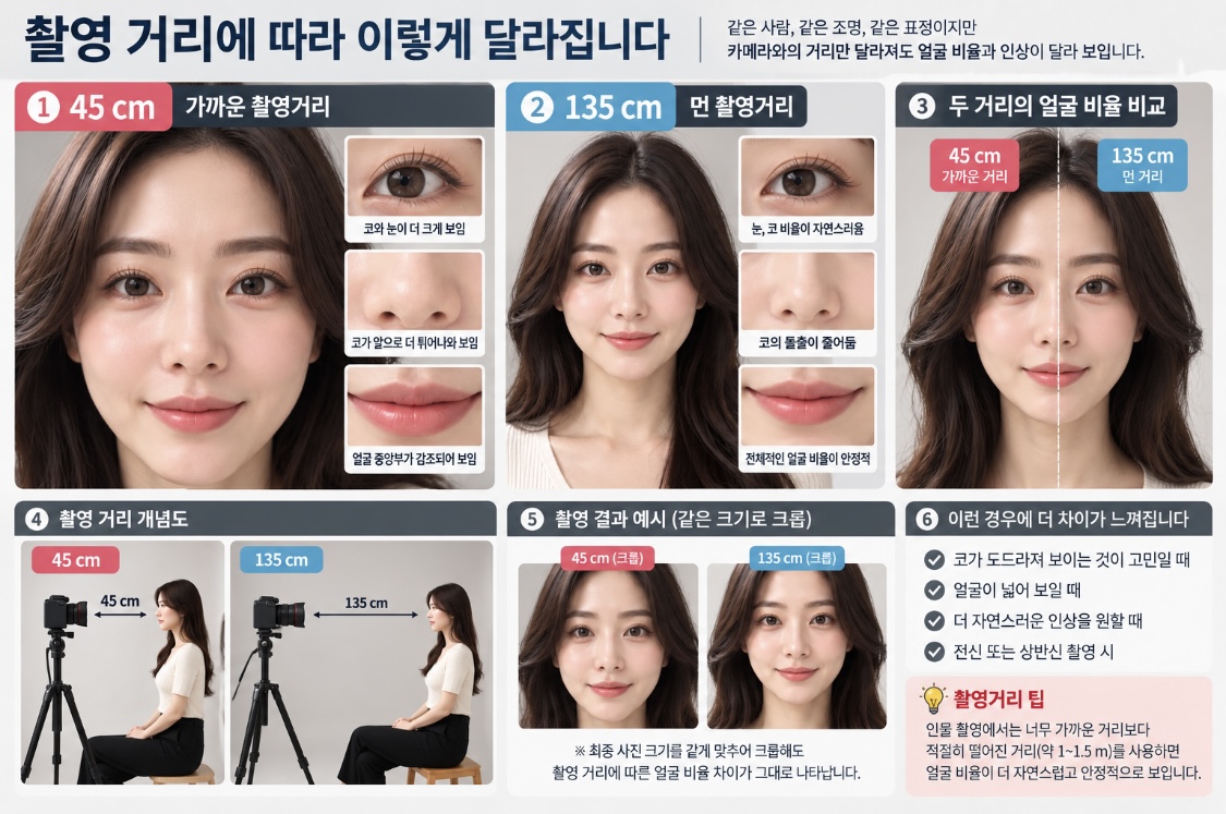 45cm·135cm 얼굴 세부 비교, 카메라와 인물 거리 도식, 같은 크기로 맞춘 얼굴 예시가 있는 설명 이미지