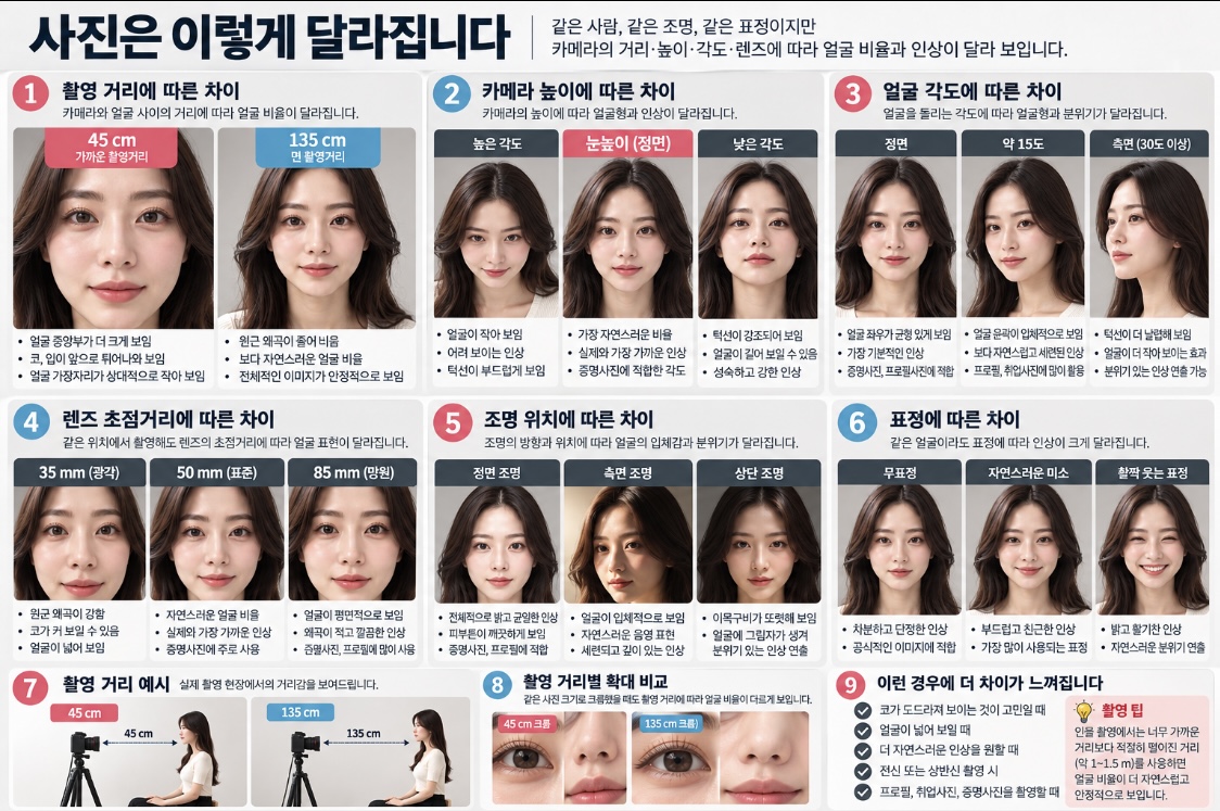 촬영거리·카메라 높이·얼굴 각도·렌즈·조명·표정 항목을 작은 얼굴 사진과 도식으로 나눈 종합 가이드 이미지