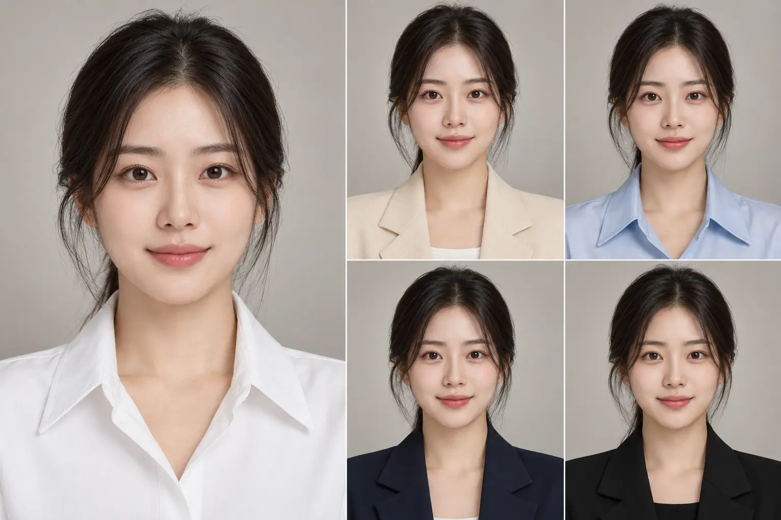 韓國女性比較白色、米色、淺藍、藏藍和黑色證件照服裝